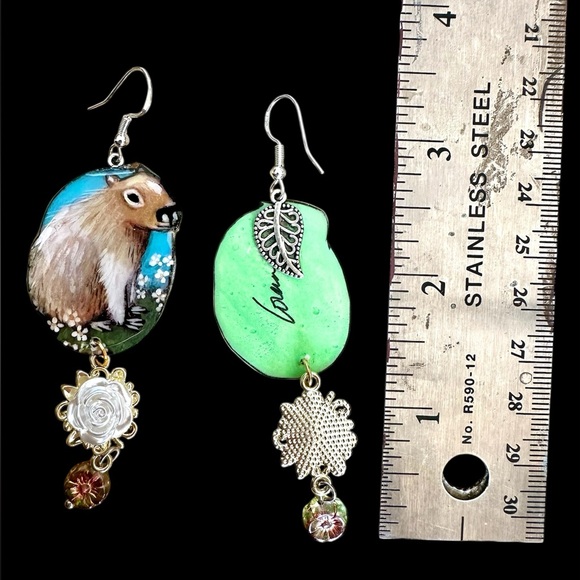 Capybara handpainted earrings w dangle white flower charm OOAK - Picture 6 of 6